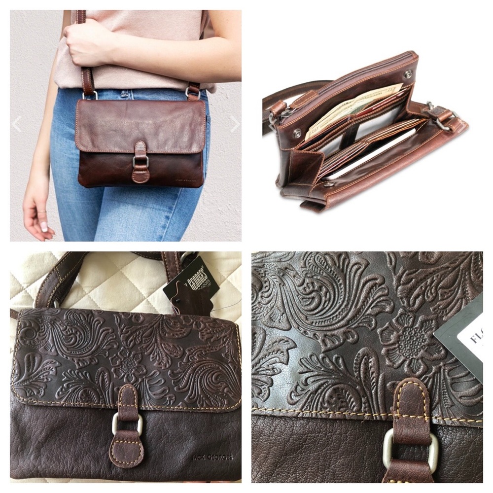 Jack Georges Voyager City Organizer Foral Embossed Leather Wallet Purse